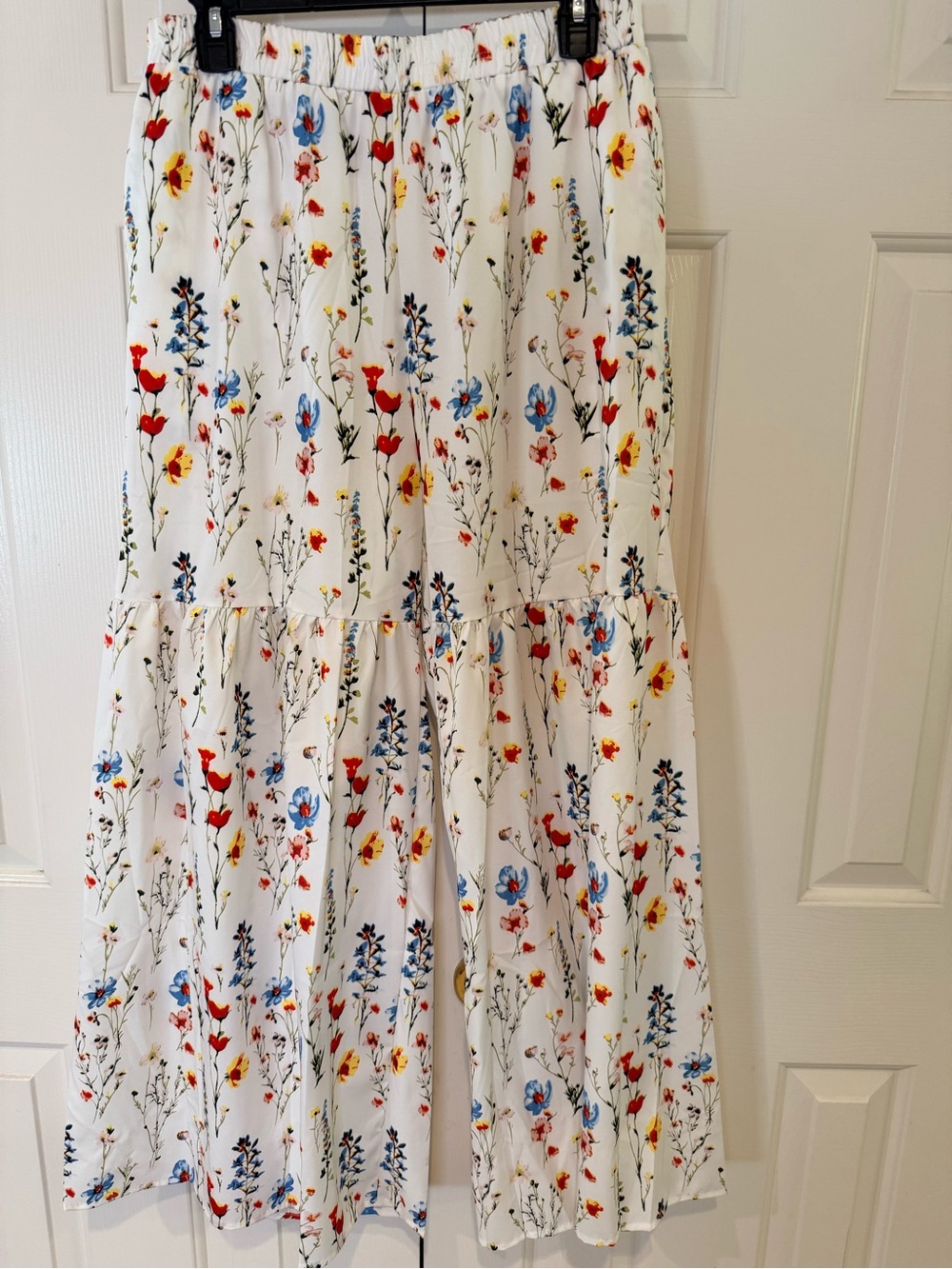 White Wide Leg Pants Floral Tiered Elastic Waist Red Yellow & Blue Floral Print